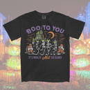 a Not So Scary shirt,  a MNSSHP Inspired t-shirt with dancing skeletons and magic castle located in Magic Kingdom located at Disney World and Disneyland. It is part of the Boo To You Parade. 